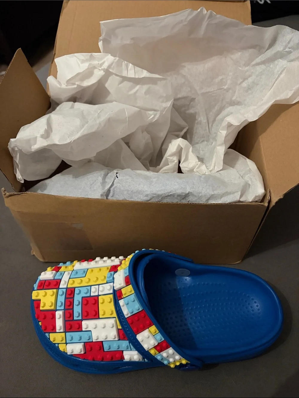 Blue Croc with Lego Bricks read for sizing info
